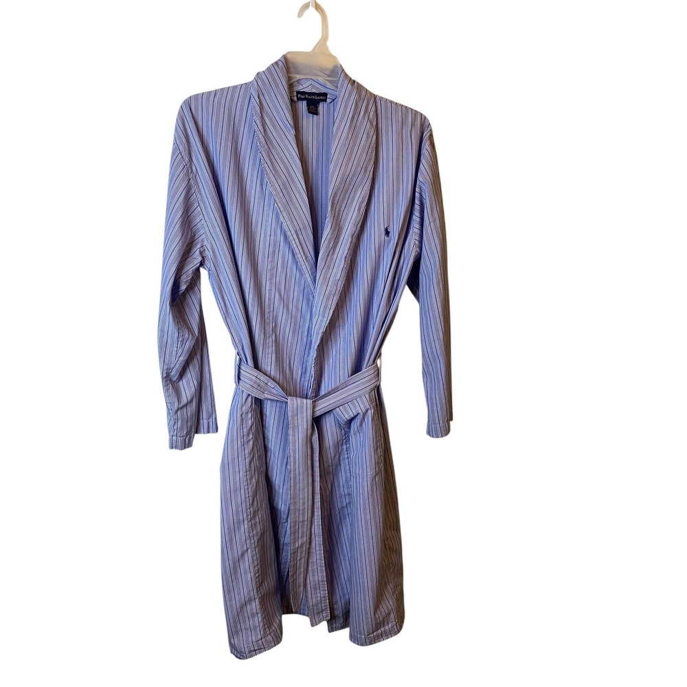 Polo Ralph Lauren Mens Blue White Striped Cotton Lightweight Robe Pockets S/M
